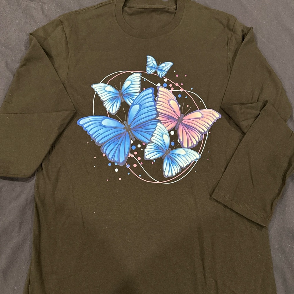 Gildan Long Sleeve Tee with Blue and Pink Butterflies